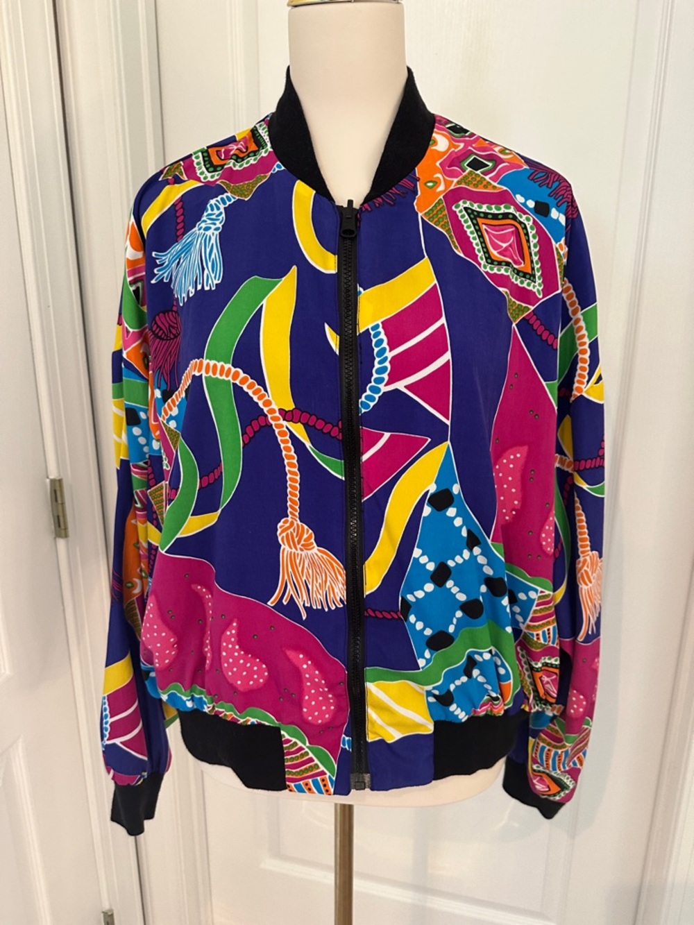 Vintage Colorful Abstract Print Bomber Jacket  Machine Washable Sz L